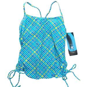 TYR Phoenix Plaid Tankini Swim Top - Blue Lagoon - Size 8 - $54